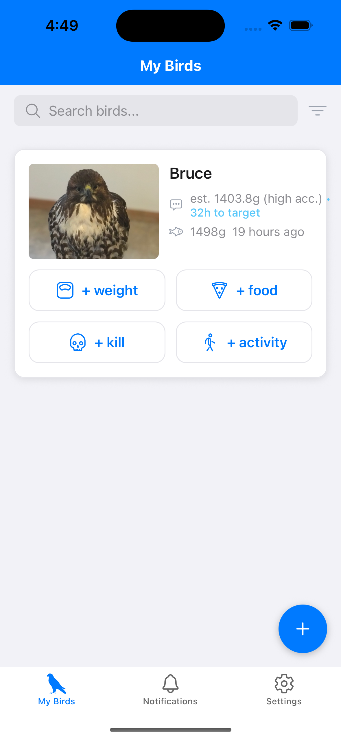 Falconry Journal Pro - My Birds screen showing bird tracking